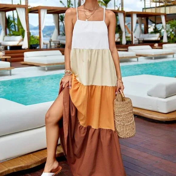 Multicolor Casual Womens Colorblock Ruffle Hem Cami Dress - Picture 5 of 5